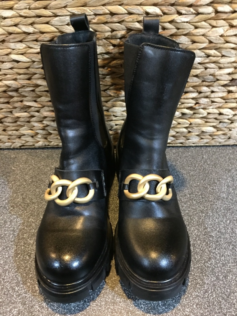Steve Madden Hooked Black Heeled Boots with Gold Chain Detail